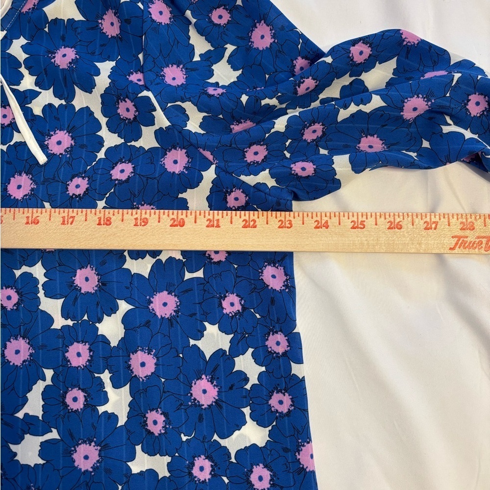 Elle Blue Floral Boho Blouse XL Tie Neck Long Sleeve - Picture 5 of 9